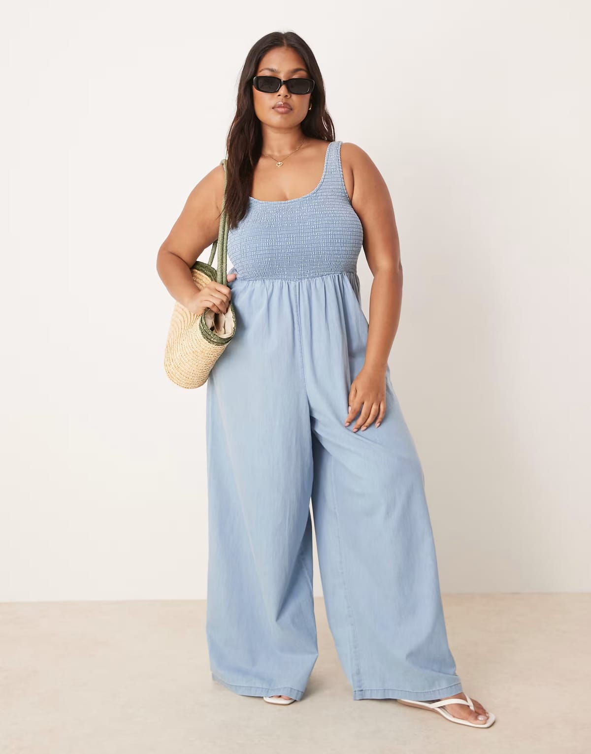 ASOS ASOS DESIGN Curve soft denim wide leg jumpsuit with shirred body in lightwash - 1