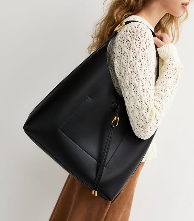 New Look Black Faux Leather Tassel Hobo Tote Bag Vegan New Look - 2
