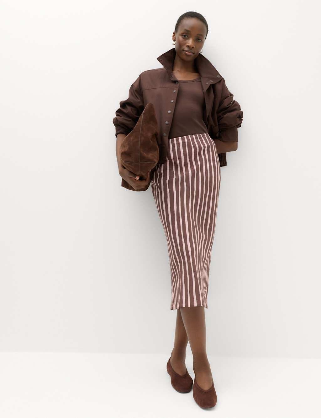 Marks & Spencer M&S Striped Midi Straight Column Skirt Chocolate Mix