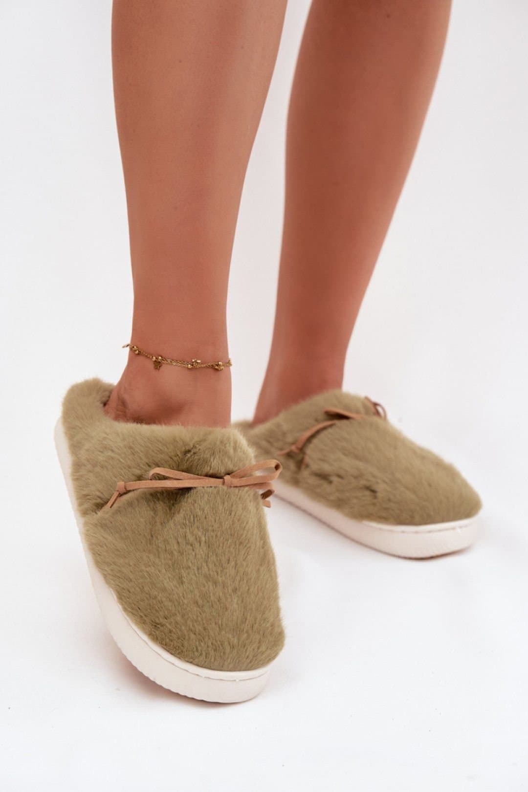 Love Lace Love Lace Green Fur Bow Front Slippers For Home