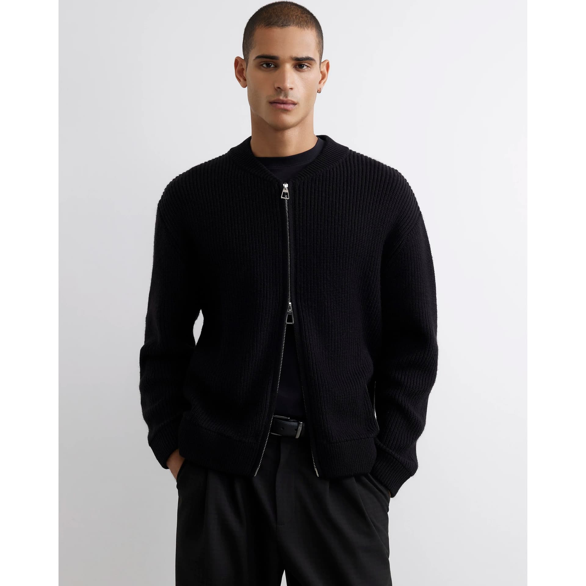 River Island Mens River Island Black Regular Fit Knitted Bomber Jacket