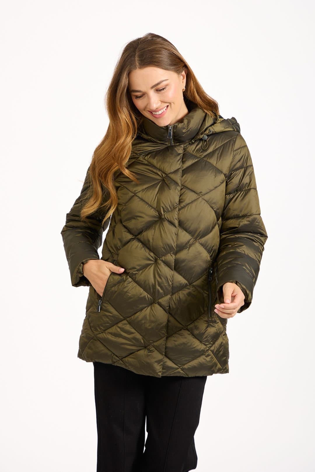 Mudflower Mudflower Women's Diamond Quilted Jacket With Adjustable Hood in Khaki