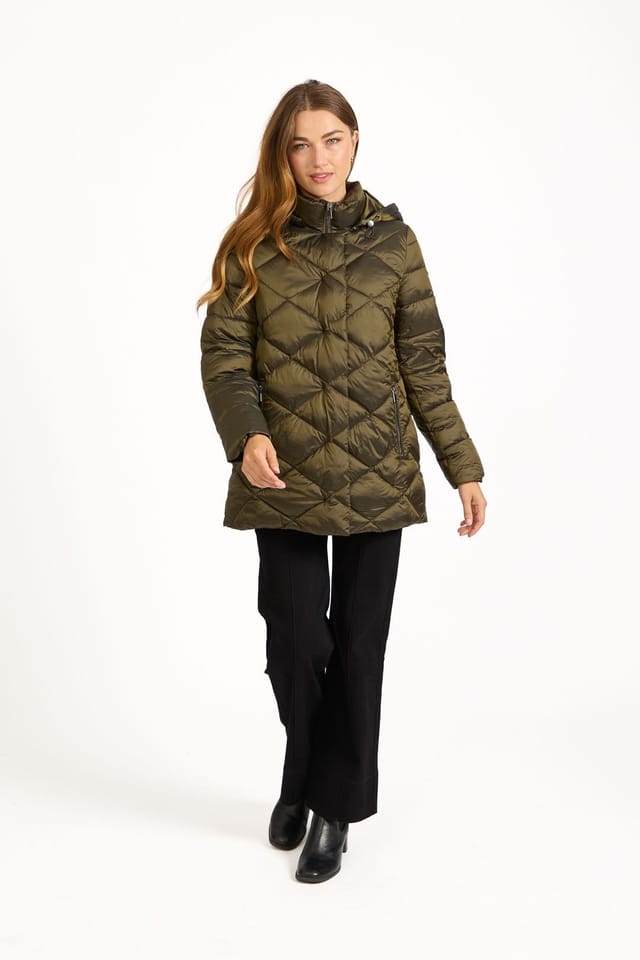 Mudflower Mudflower Women's Diamond Quilted Jacket With Adjustable Hood in Khaki - 2