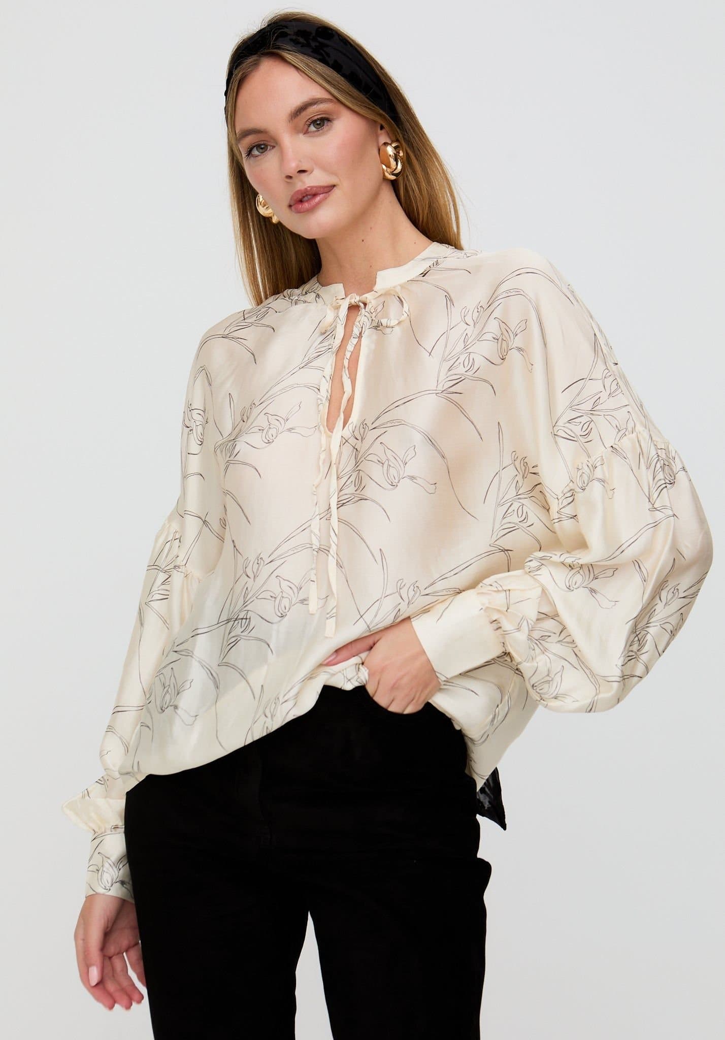 Lily and Lionel Lily and Lionel Women's Rosetti Billowy Sleeves Hand Drawn Floral Print Blouse In Cream in Ecru