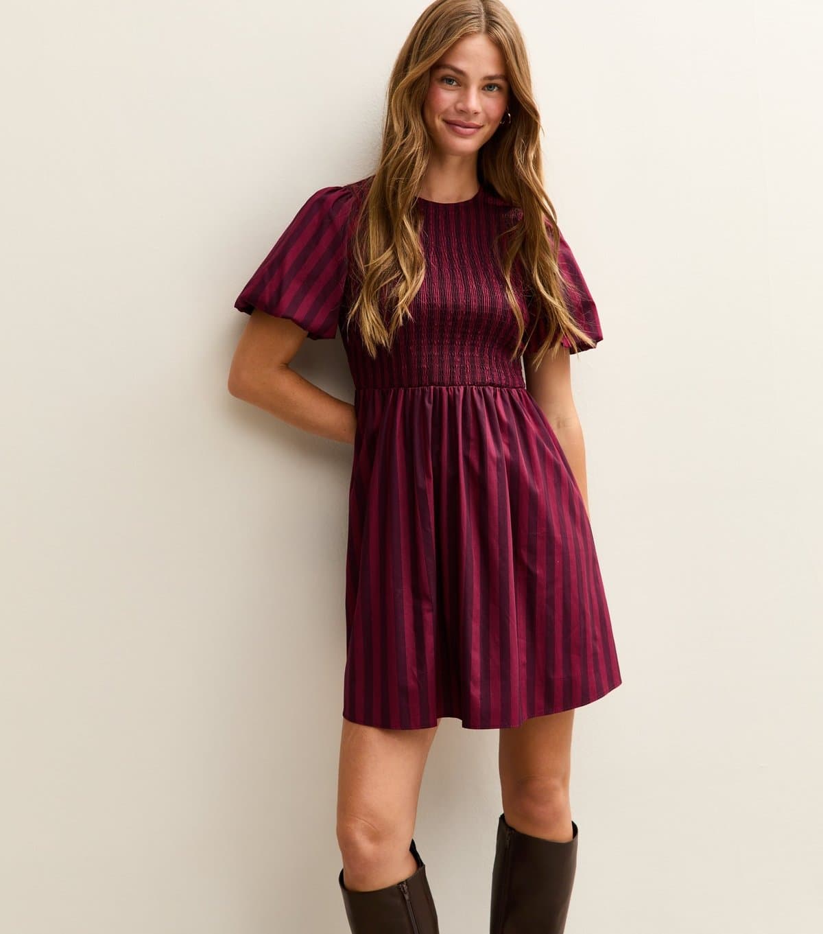 New Look Women's Red Striped Puff Sleeve Mini Dress New Look