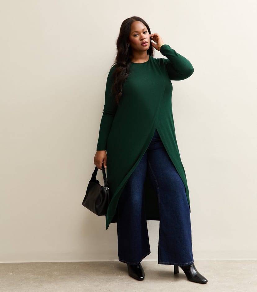 New Look Women's Plus Size Dark Green Soft Touch Longline Wrap Top Curves New Look - 1