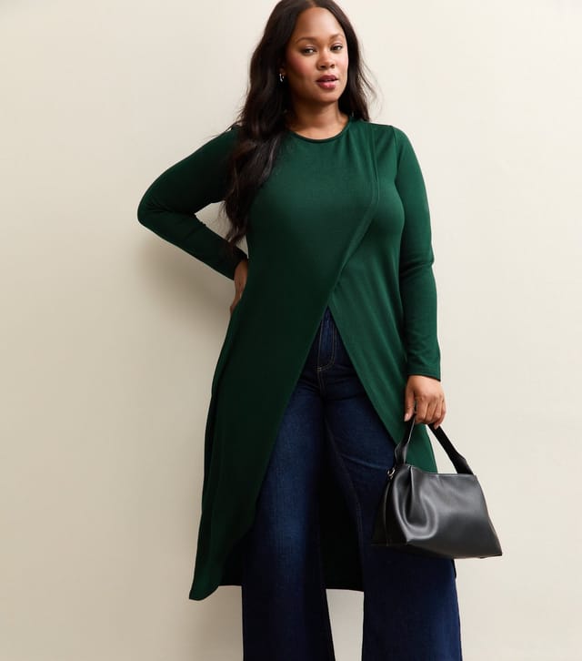 New Look Women's Plus Size Dark Green Soft Touch Longline Wrap Top Curves New Look - 2
