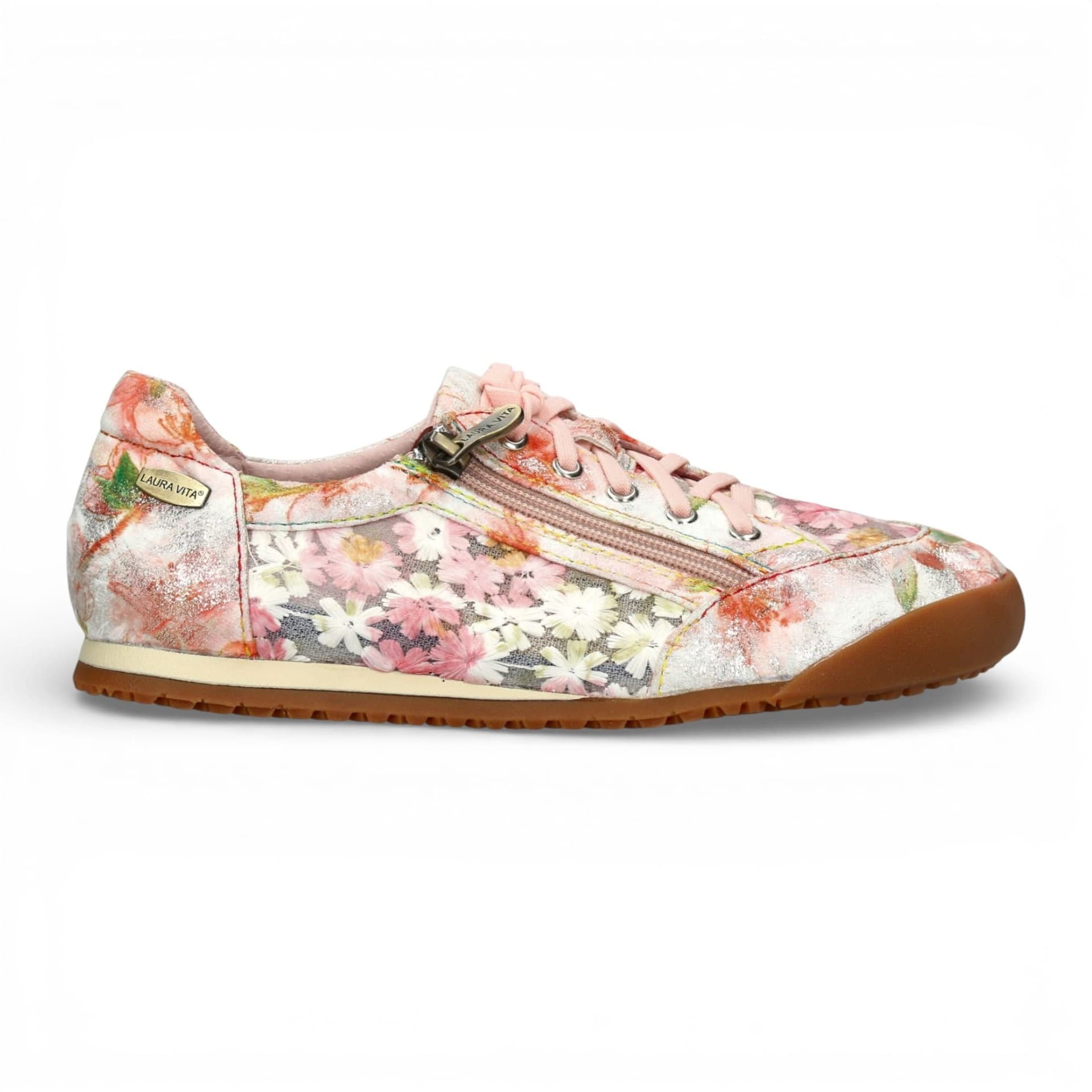 laura vita Laura Vita Women's Floral Leather Trainers Zip Sneaker Shoes - Tivanao-05 in Pink