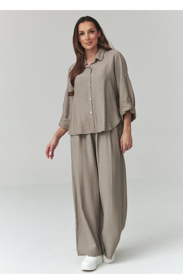 Love Lace Love Lace Women's Italian Breathable Shirt & Wide Pants Set in Brown - 2