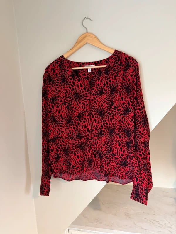 Warehouse Warehouse Bold Red & Black Leopard Animal Print Viscose Button Blouse Top Shirt Size 16