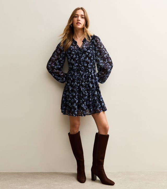 New Look Women's Navy Floral Chiffon Ruffle Mini Dress New Look - 3