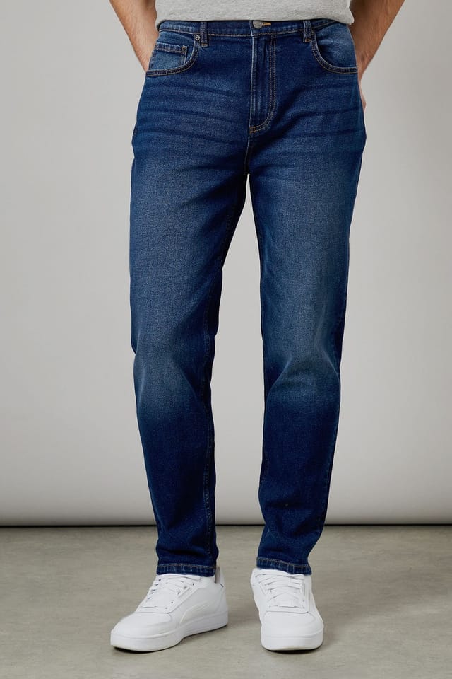 Burton Burton Men's Dark Wash Stretch Tapered Fit Jeans in Dark Blue - 2