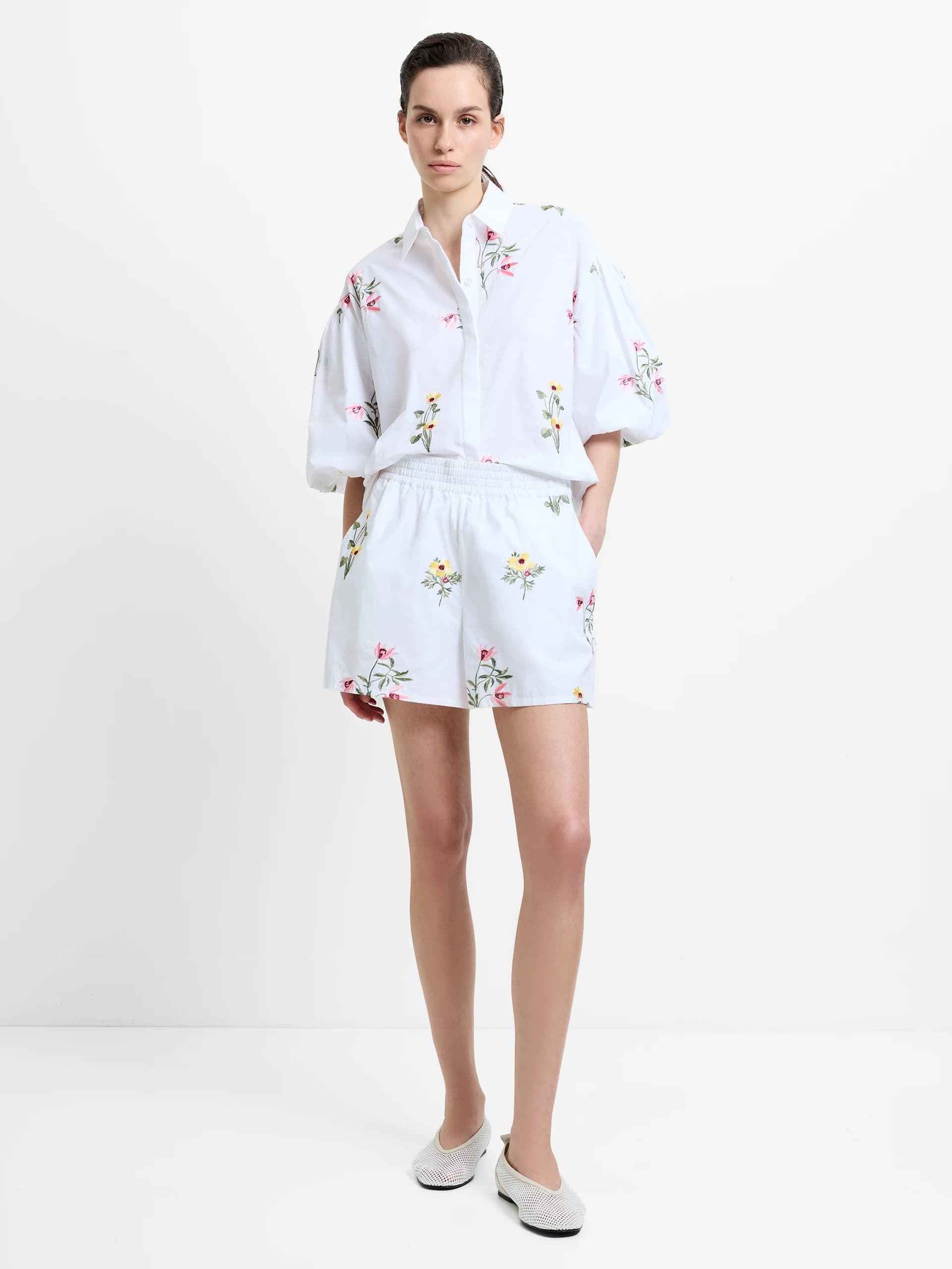 French Connection Alissa Cotton Floral Embroidered Shorts Linen White Multicoloured