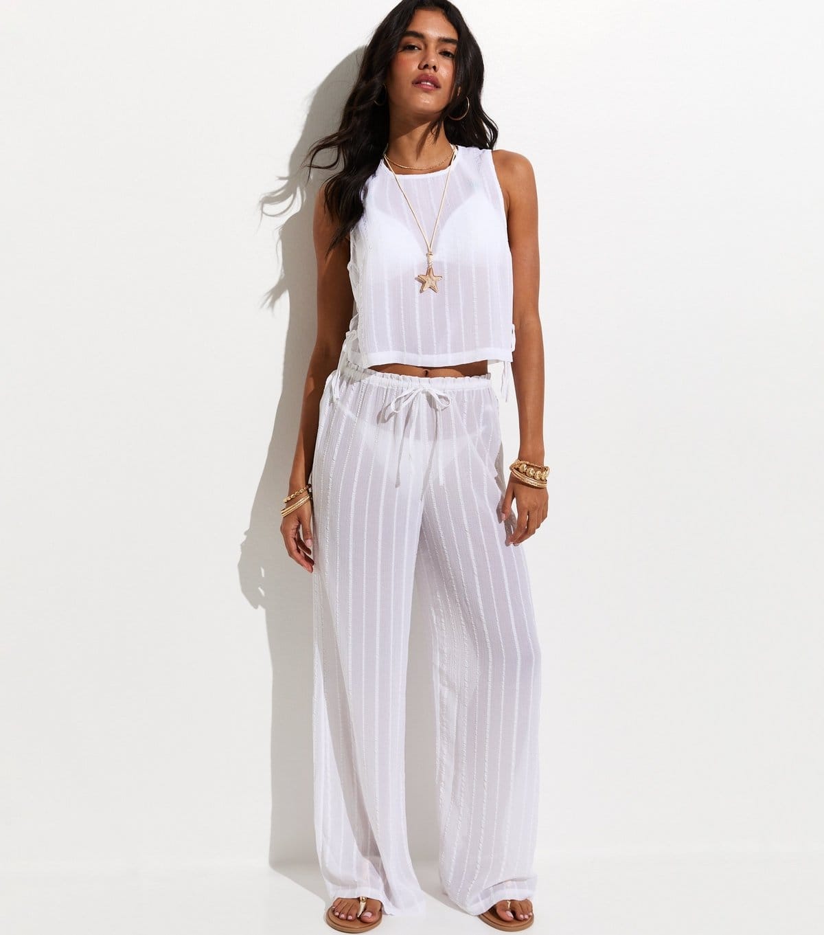 New Look Women's White Striped Beach Wide Leg Trousers New Look - 1
