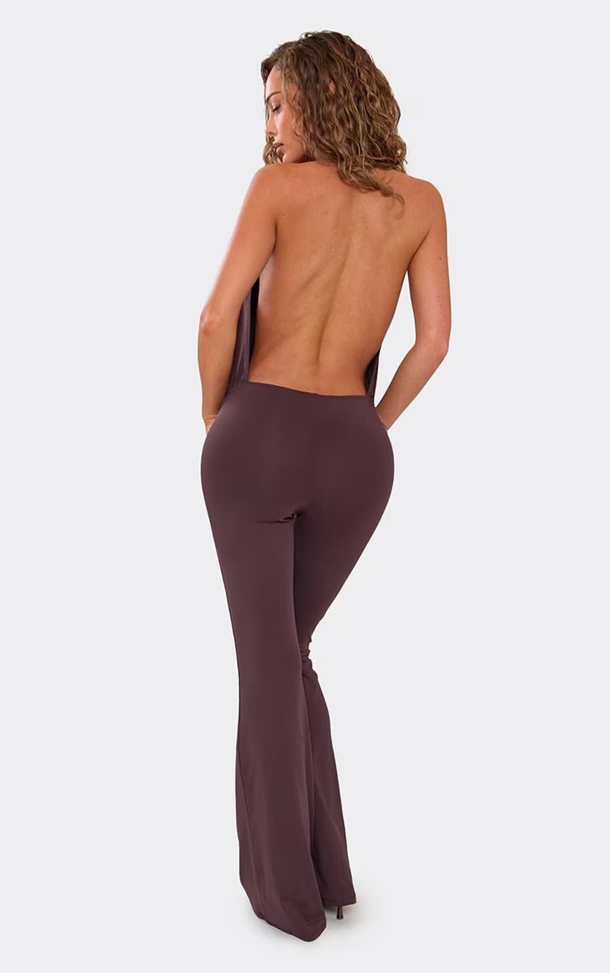 EGO Plunge Halterneck Wrap Drape Detail Flared Leg Blouson Jumpsuit In Chocolate Brown, Women's Size UK 6