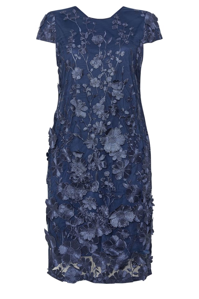 Yours Yours Women's Floral 3D Embroidered Shift Dress in Mid Navy - 2