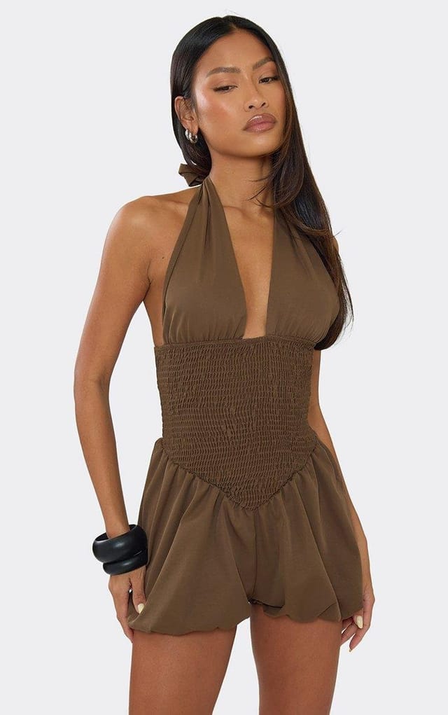 EGO Halterneck Shirred Puffball Playsuit In Brown, Women's Size UK 6 - 2