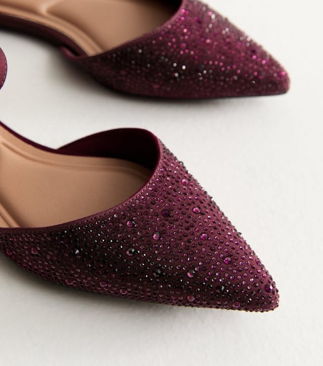 New Look Women's Burgundy Bedazzled Pointed Toe Ankle Strap Ballerina Flats Vegan New Look - 3
