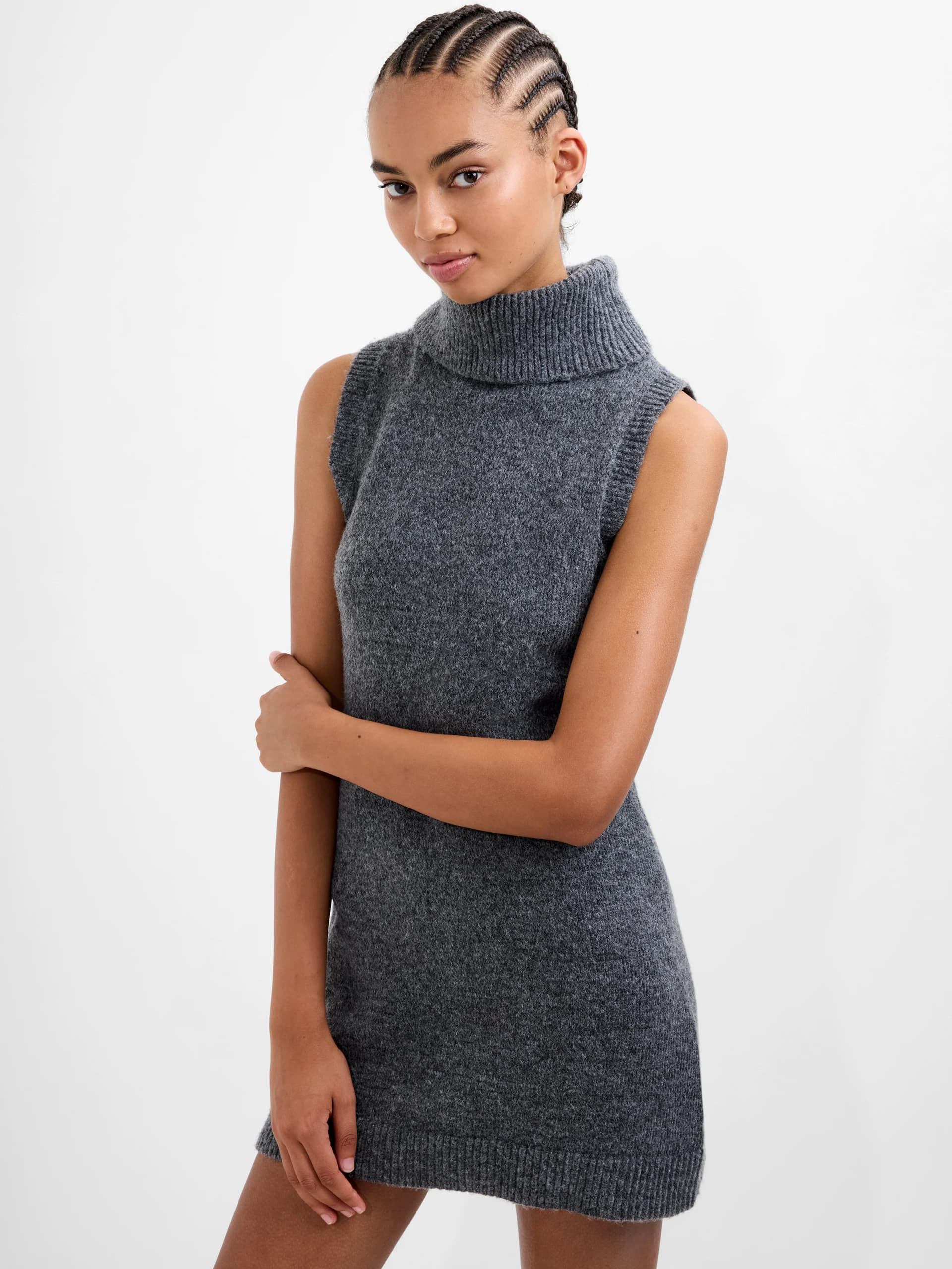 French Connection Vhari Recycled Knit Sleeveless Turtleneck Mini Dress Mid Grey Melange