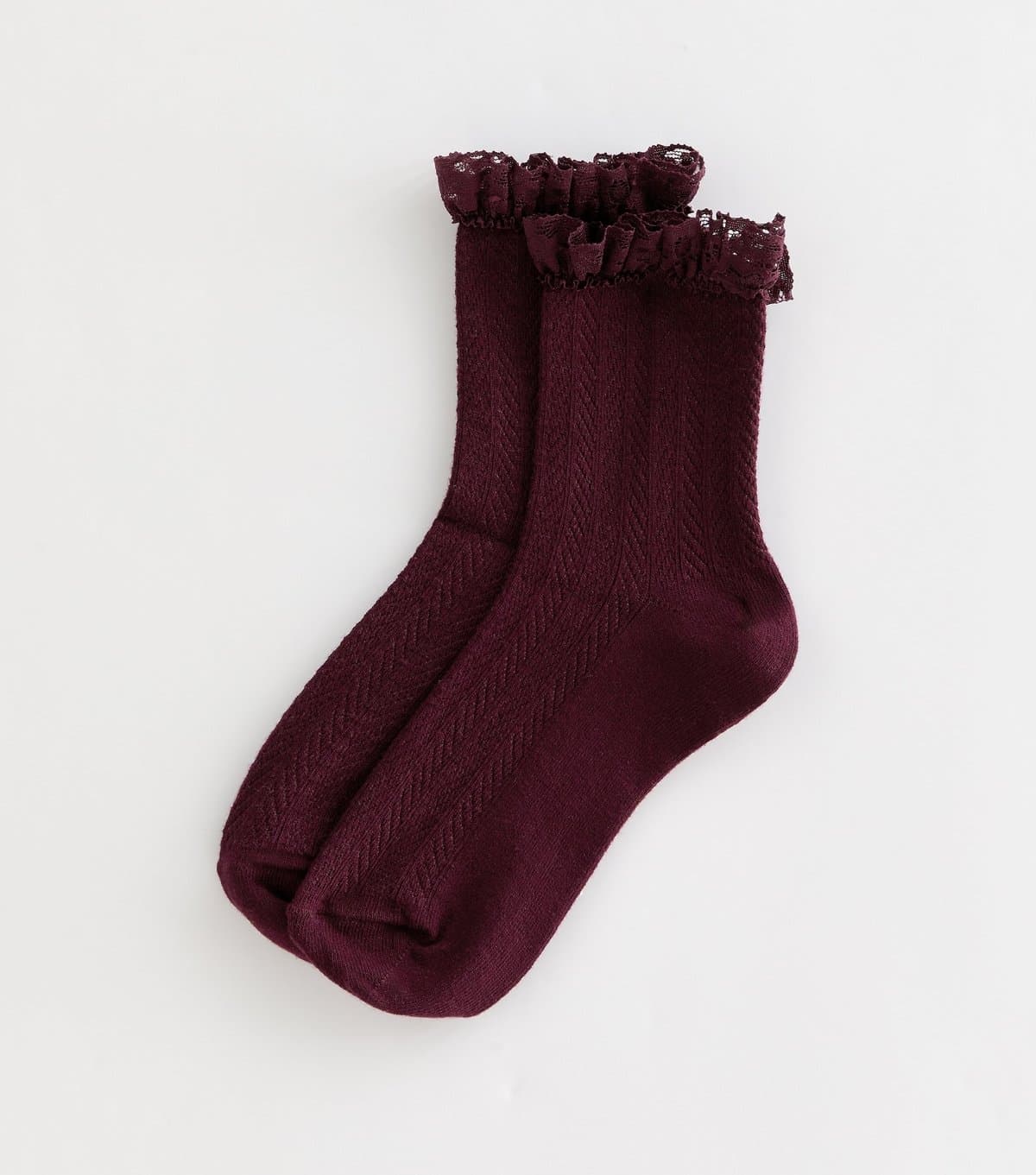 New Look Dark Burgundy Herringbone Frilly Lace Ankle Socks New Look