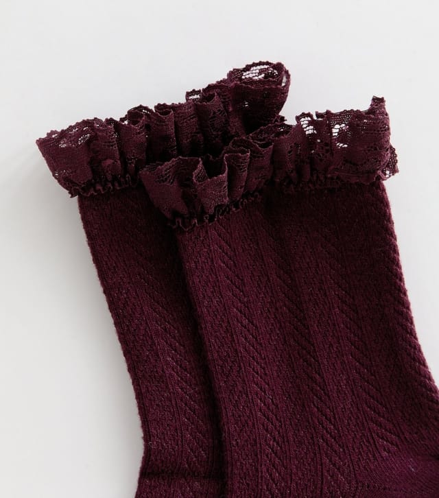 New Look Dark Burgundy Herringbone Frilly Lace Ankle Socks New Look - 2