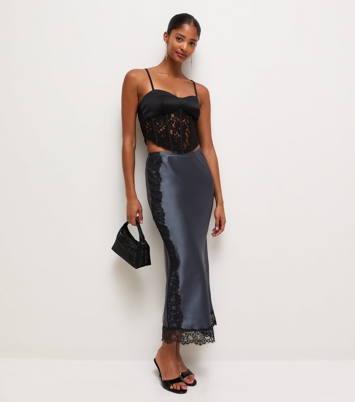 New Look Women's Dark Grey Satin Lace Trim Midi Skirt New Look