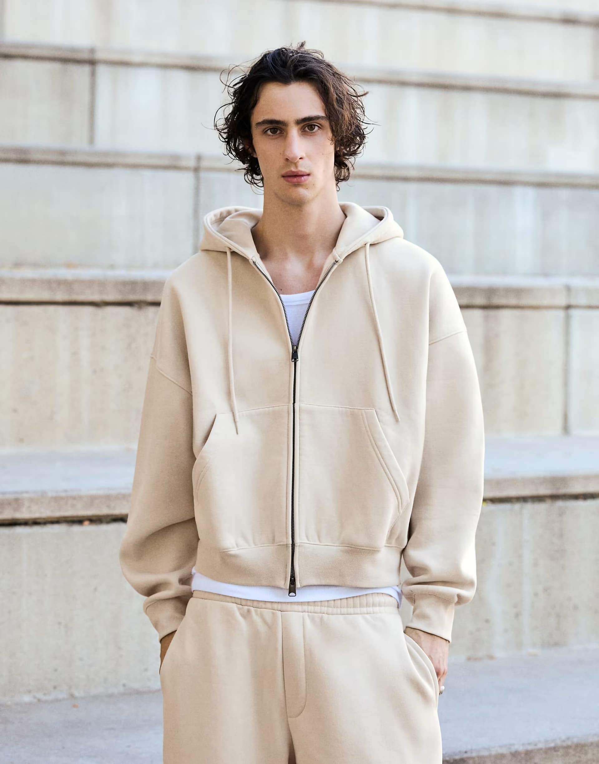 ASOS Bershka Boxy zip-up hoodie in sand