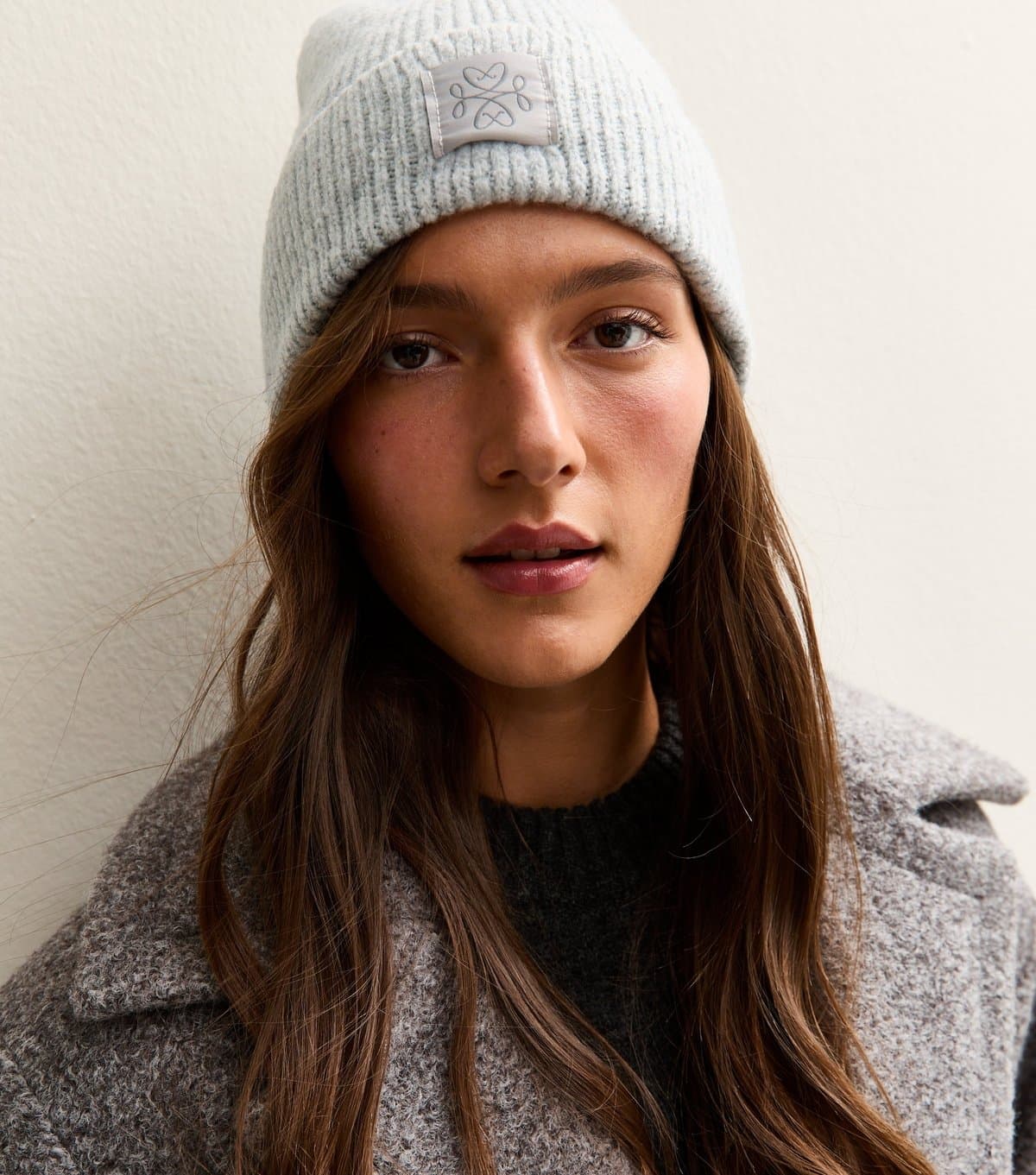 New Look New Look Grey Ribbed Logo Tab Beanie