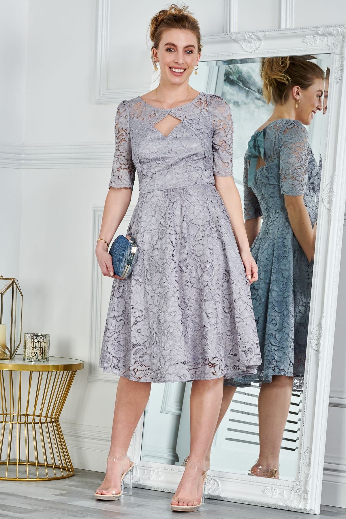 Jolie Moi Jolie Moi Women's Fit & Flare Lace Midi Dress in Grey