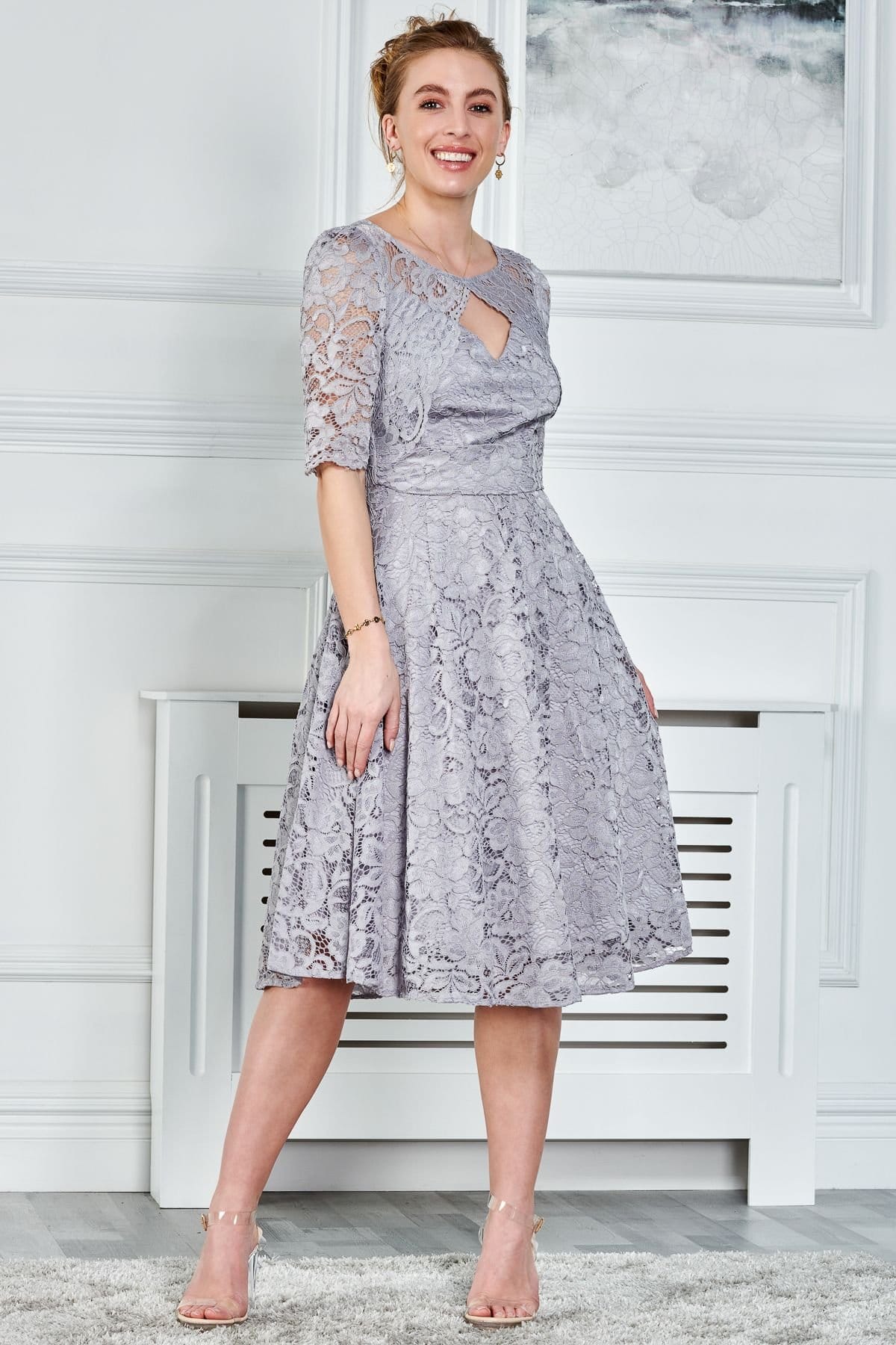 Jolie Moi Jolie Moi Women's Fit & Flare Lace Midi Dress in Grey - 4