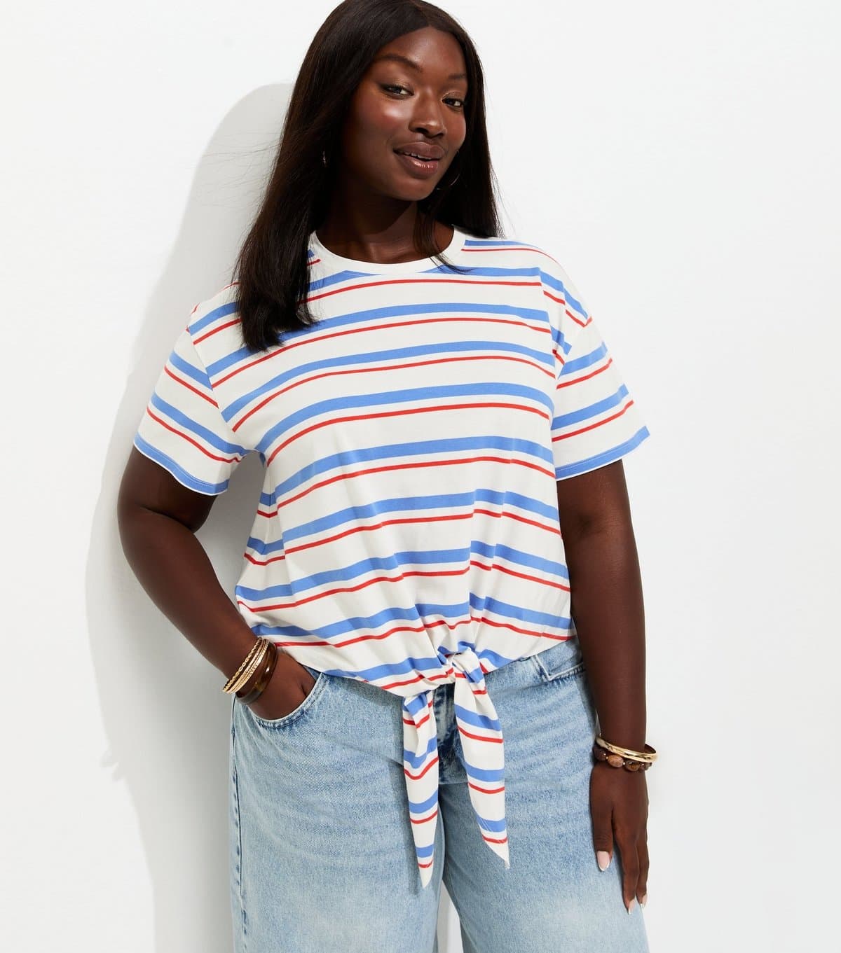New Look Women's Plus Size White Cotton Striped Tie Front T-Shirt Curves New Look
