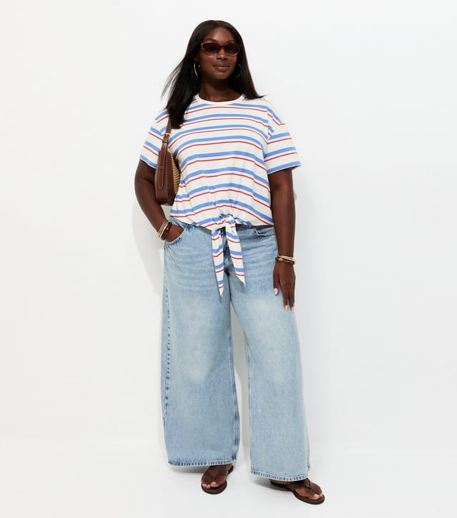 New Look Women's Plus Size White Cotton Striped Tie Front T-Shirt Curves New Look - 3