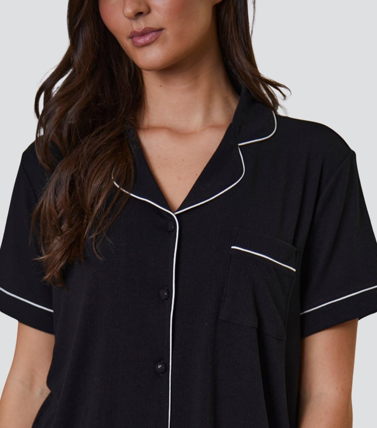 Loungeable Women's Black Ribbed Shirt and Shorts Pyjama Set Loungeable New Look - 4