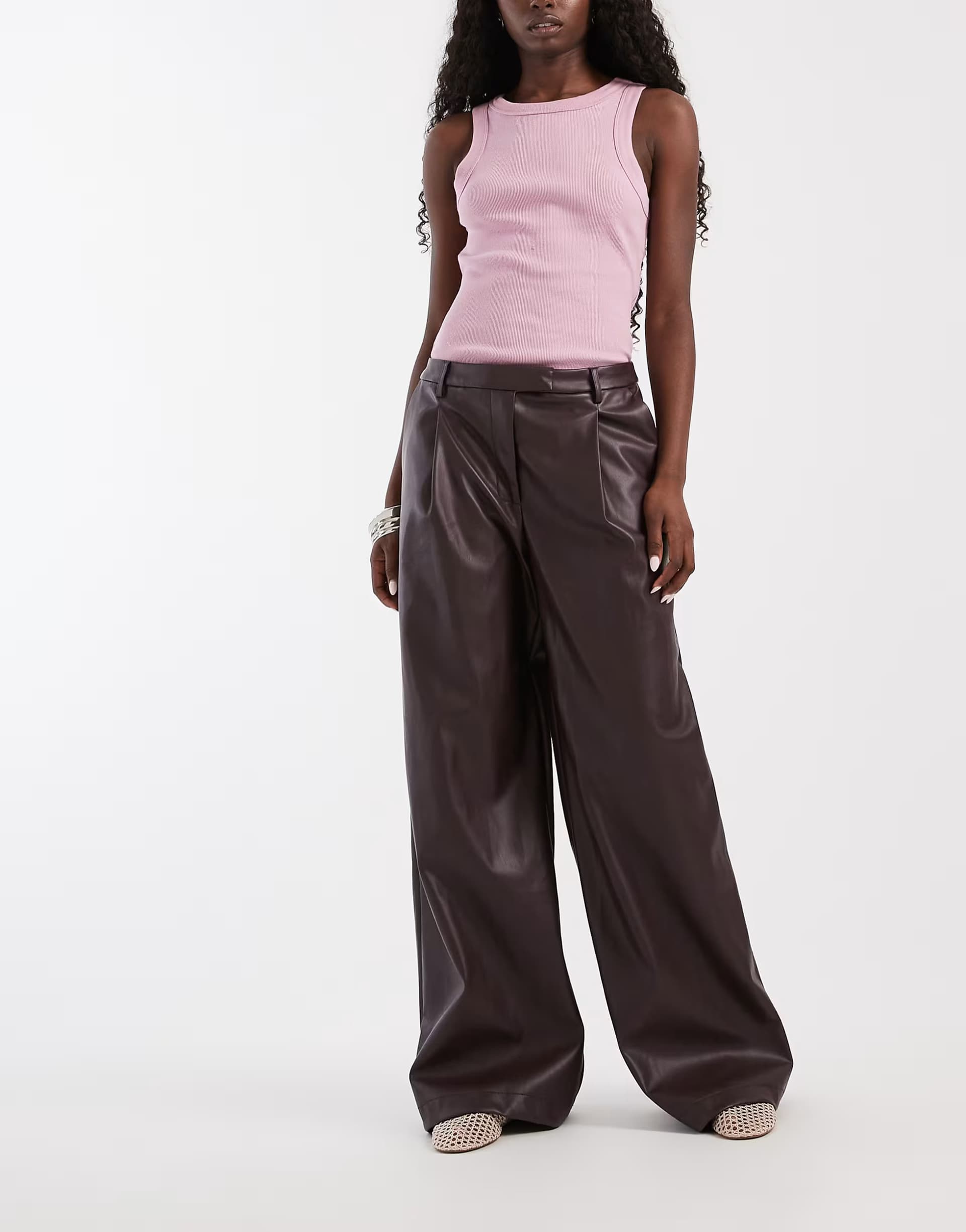 ASOS ASOS DESIGN tailored faux leather low rise mensy trousers in burgundy