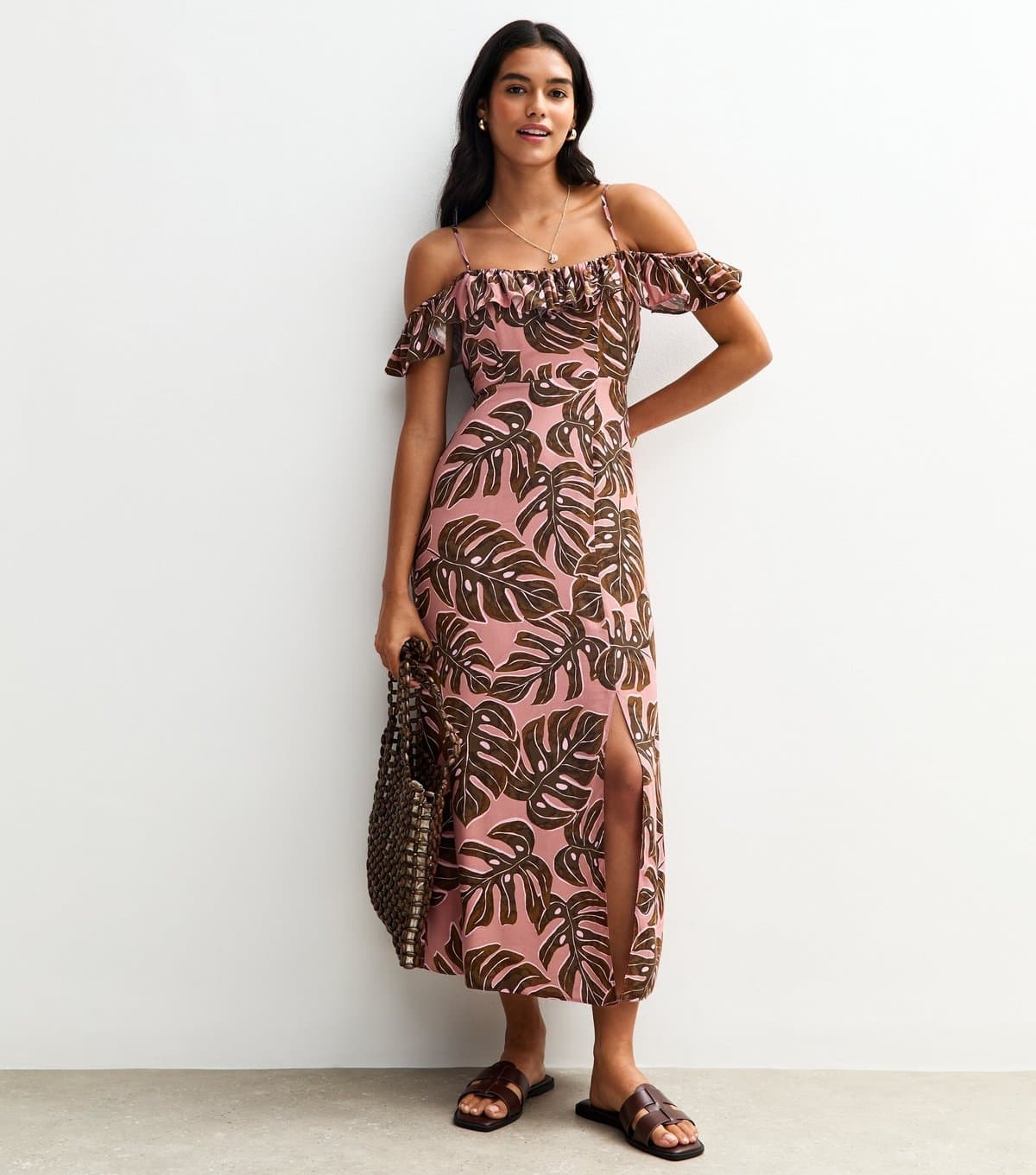 New Look Women's Pink Leaf Print Cold Shoulder Frill Trim Midi Dress New Look