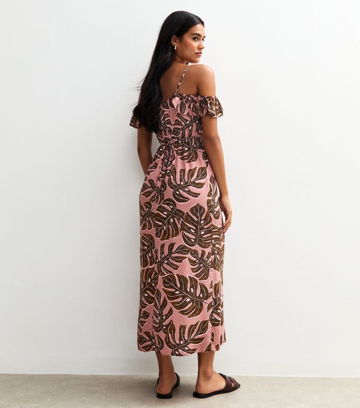 New Look Women's Pink Leaf Print Cold Shoulder Frill Trim Midi Dress New Look - 4