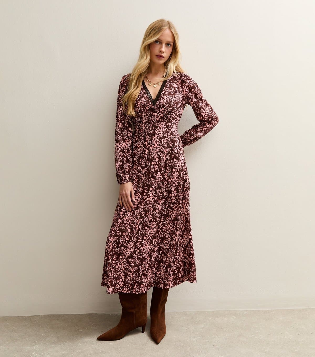 New Look Women's Pink Burgundy Floral Print Midi Dress New Look