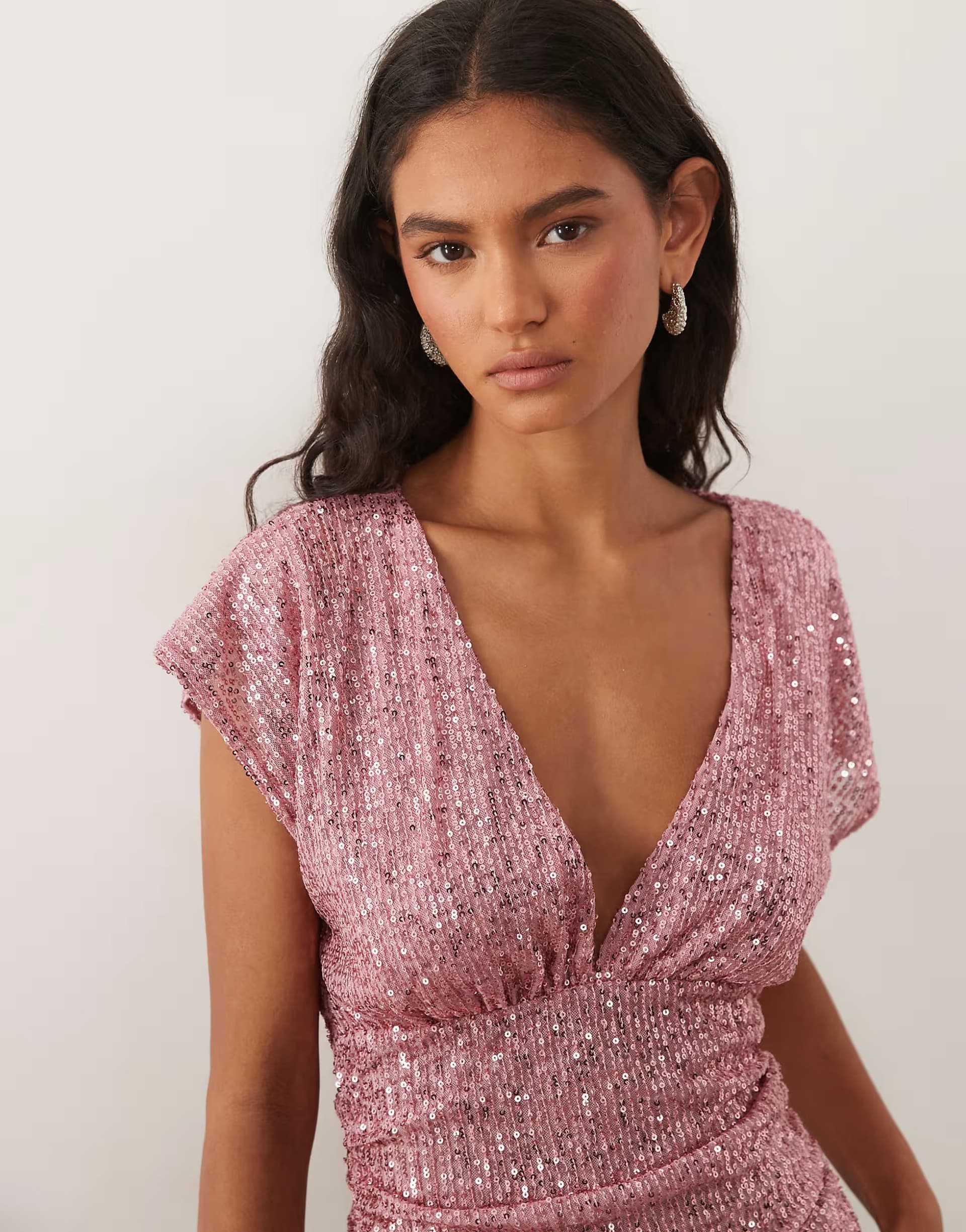 ASOS Miss Selfridge sequin v-neck top with gathered waist in pink