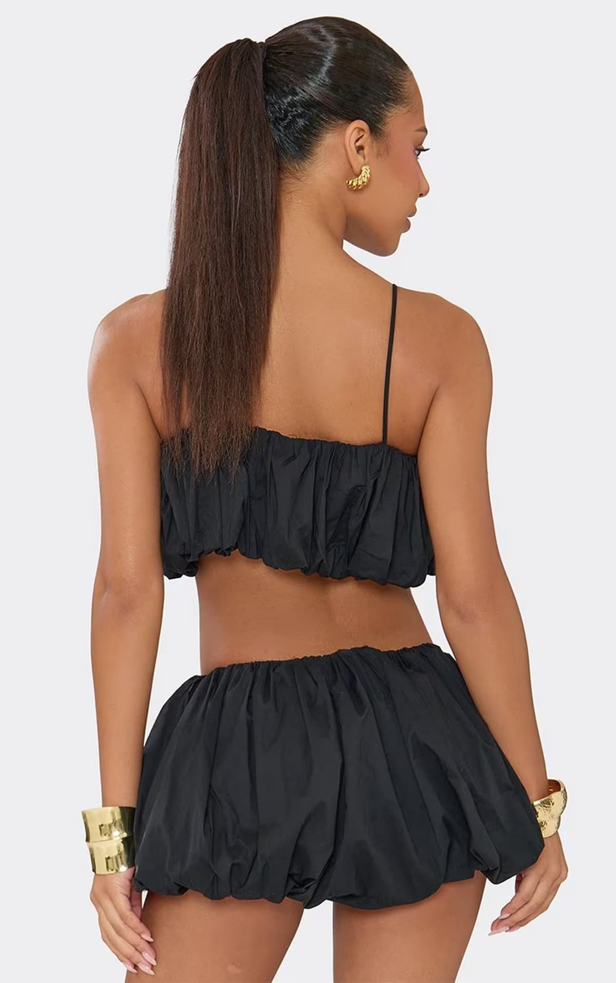 EGO Strappy Puffball Top And Short Set In Black Satin, Women's Size UK S/M