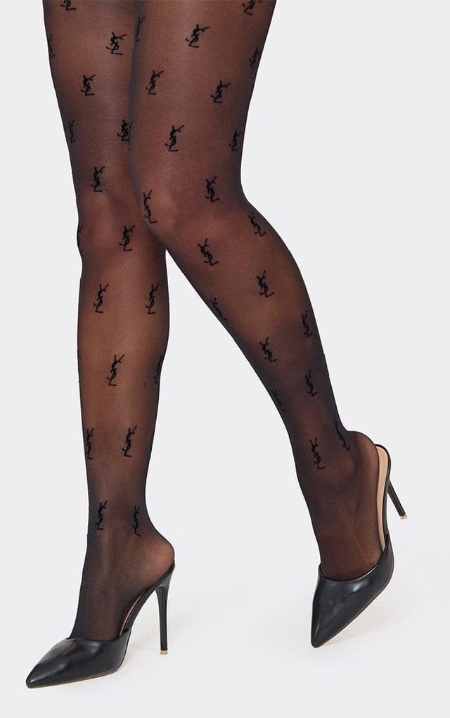 EGO Logo Printed Detail Tights In Black Mesh, Women's Size UK 0 - 2
