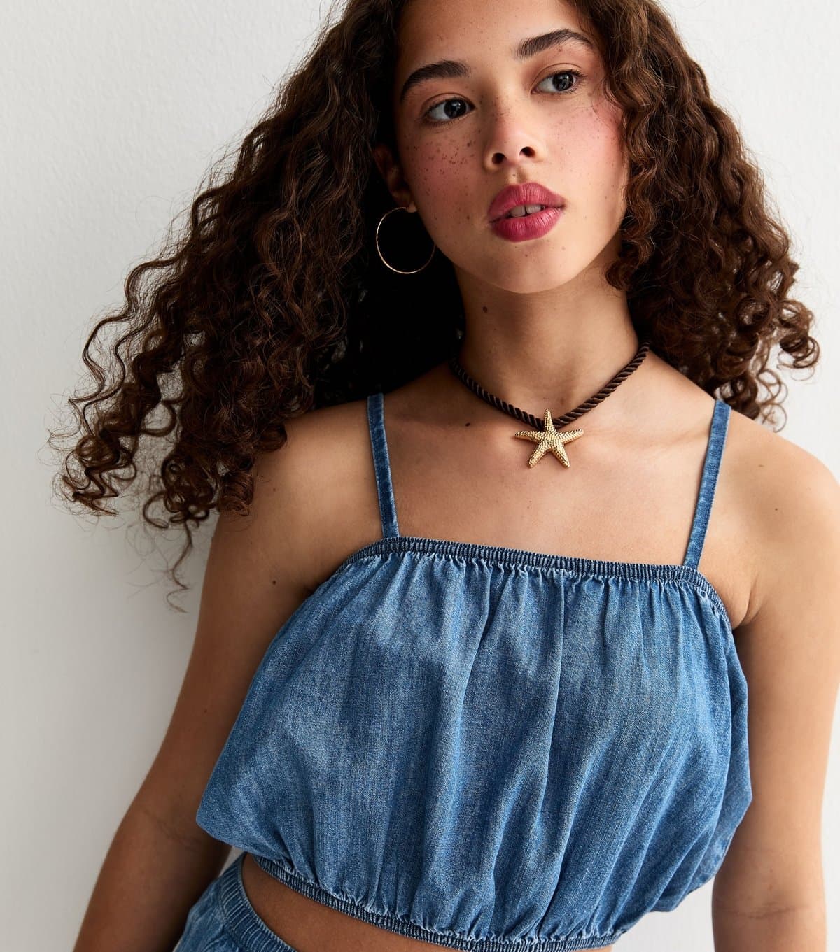 New Look Girls' Blue Cotton Chambray Cropped Cami Top New Look