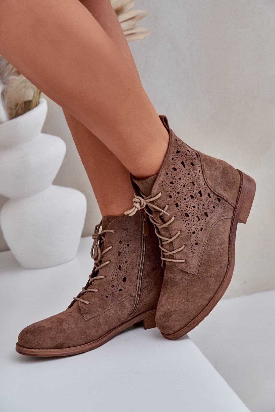 Love Lace Love Lace Women's Ankle Boots Flat Heel Lace Up Zip Openwork Suede Daywear in Brown