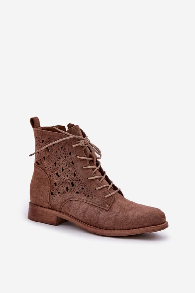 Love Lace Love Lace Women's Ankle Boots Flat Heel Lace Up Zip Openwork Suede Daywear in Brown - 2
