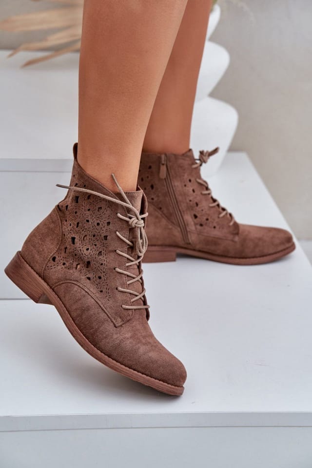 Love Lace Love Lace Women's Ankle Boots Flat Heel Lace Up Zip Openwork Suede Daywear in Brown - 3