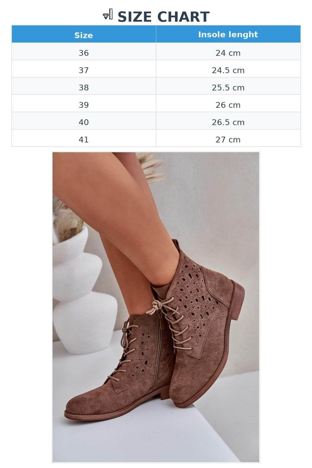 Love Lace Love Lace Women's Ankle Boots Flat Heel Lace Up Zip Openwork Suede Daywear in Brown - 4