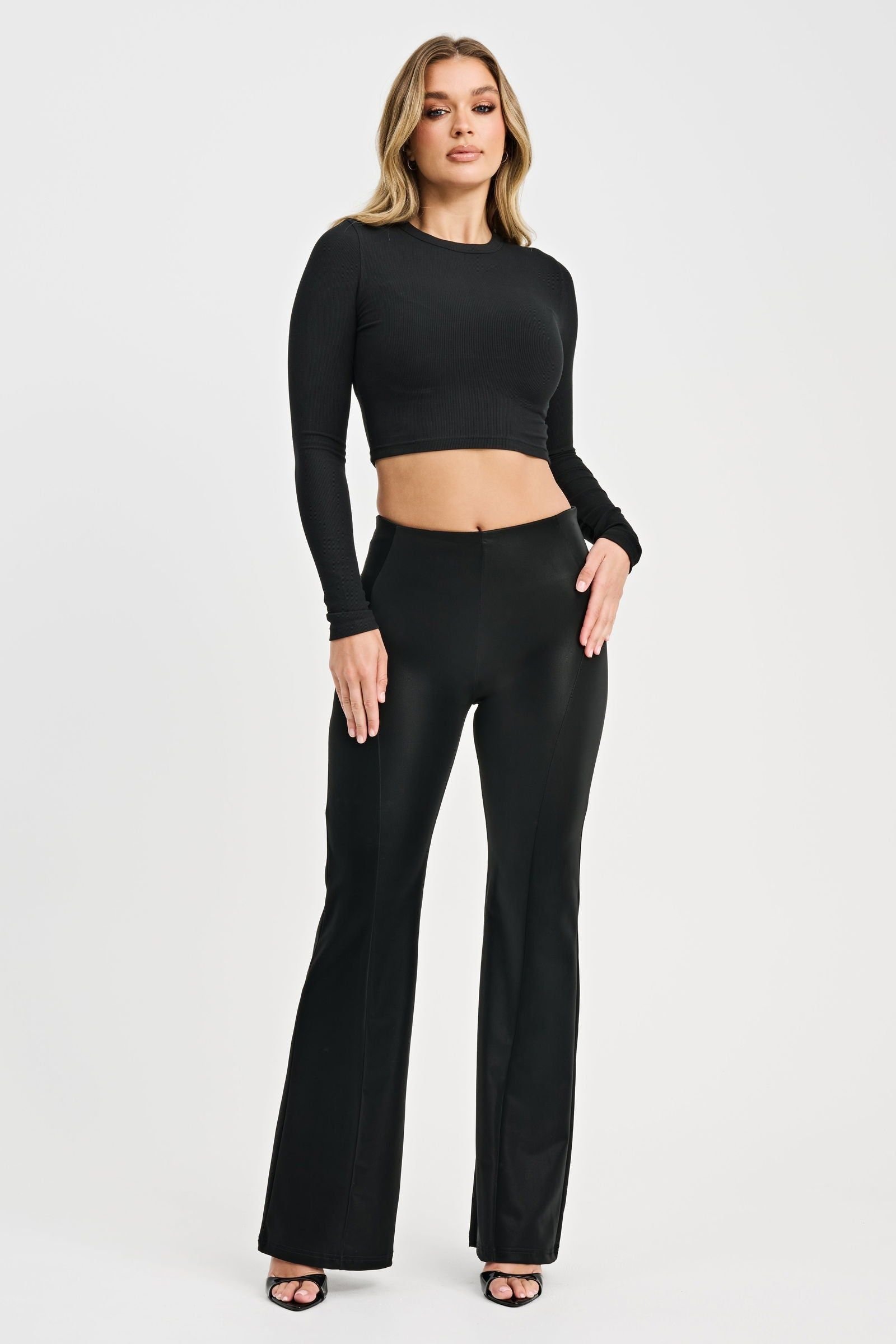Freddy Freddy Women's WR.UP Velvet Faux Leather High Waisted Super Flare Trousers in Black - 4