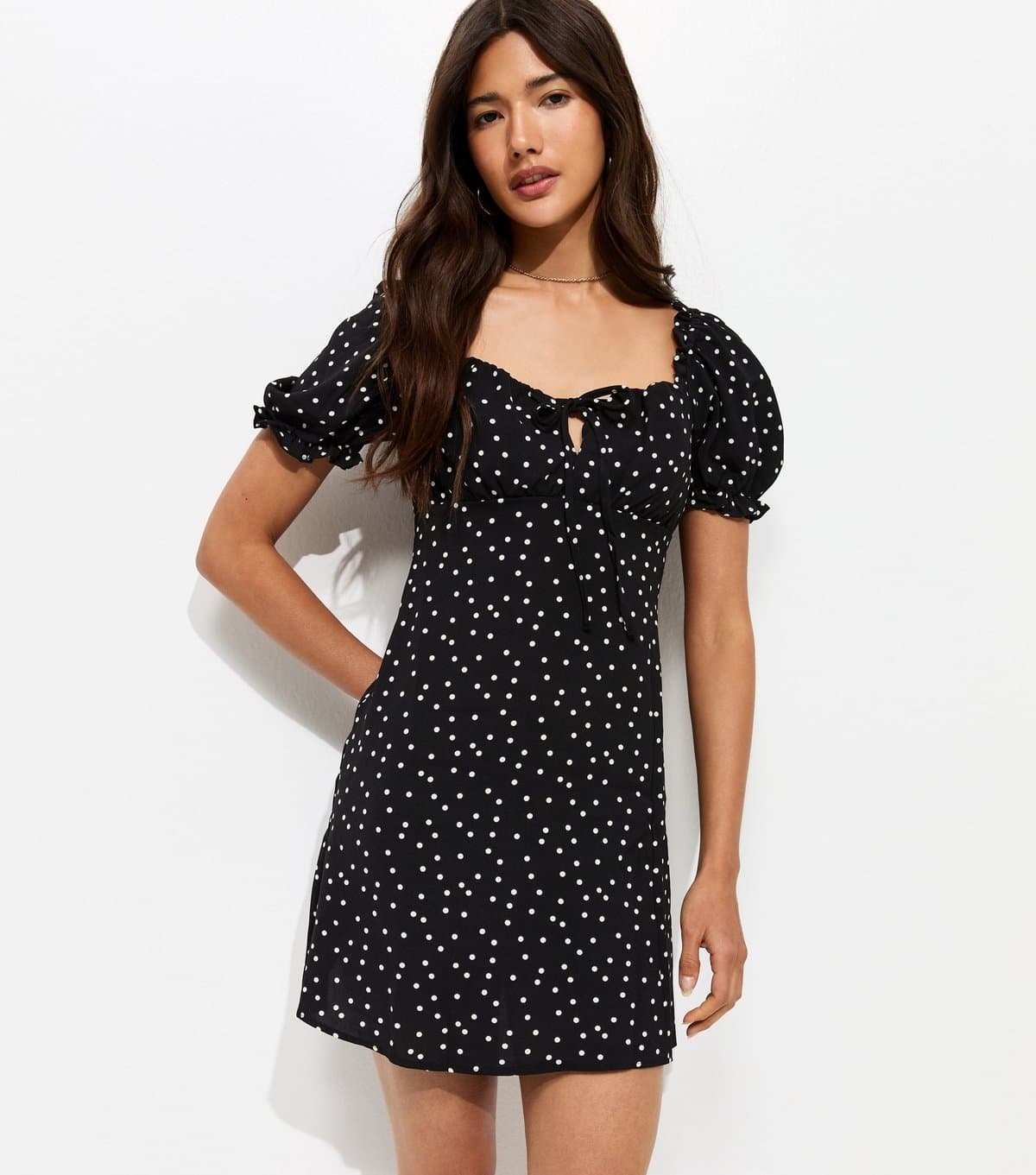 New Look Women's Black Spot Print Milkmaid Mini Dress New Look