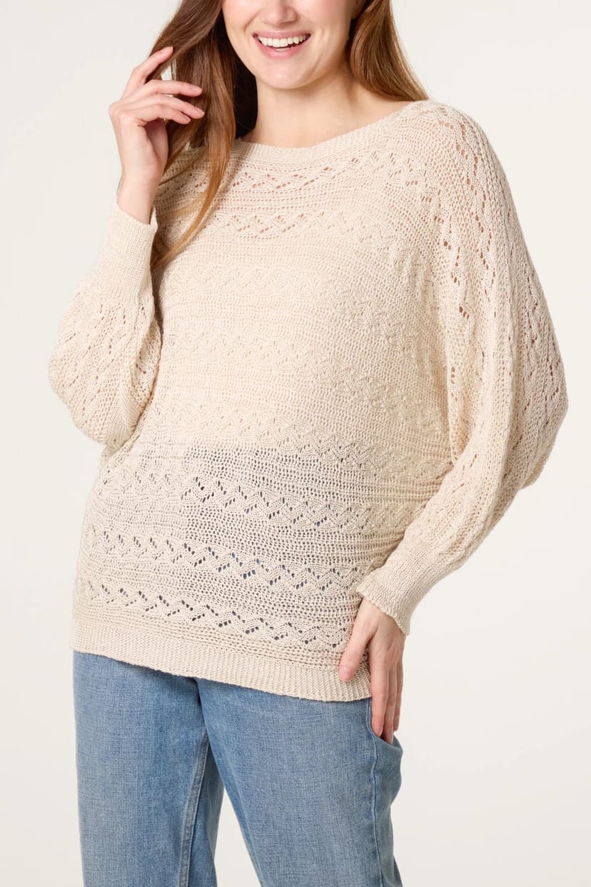 Blue Vanilla Pointelle Cable Batwing Jumper - 1