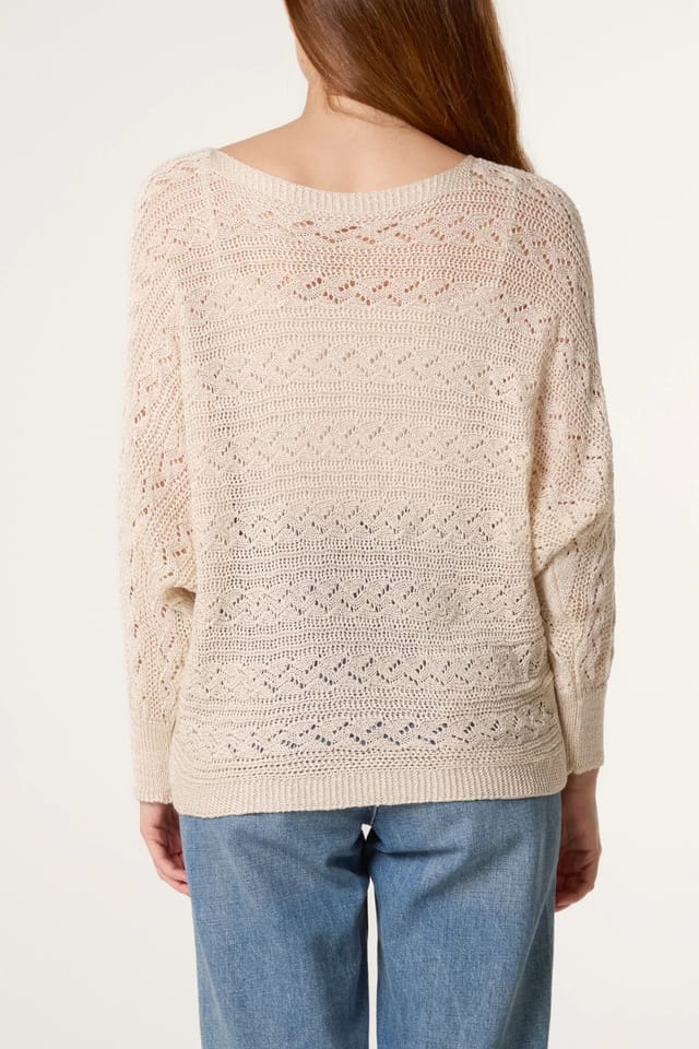 Blue Vanilla Pointelle Cable Batwing Jumper - 2