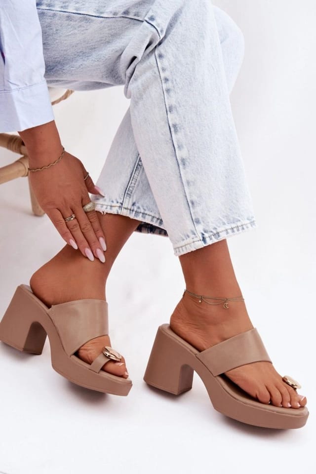 Love Lace Love Lace Women's Gold Detail Platform Heeled Sandals with Column Heel Comfort in Beige - 3
